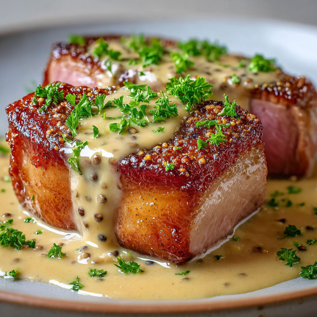 Une belle pièce de viande dorée avec sa sauce relevée et des herbes, des légumes verts sur le côté.