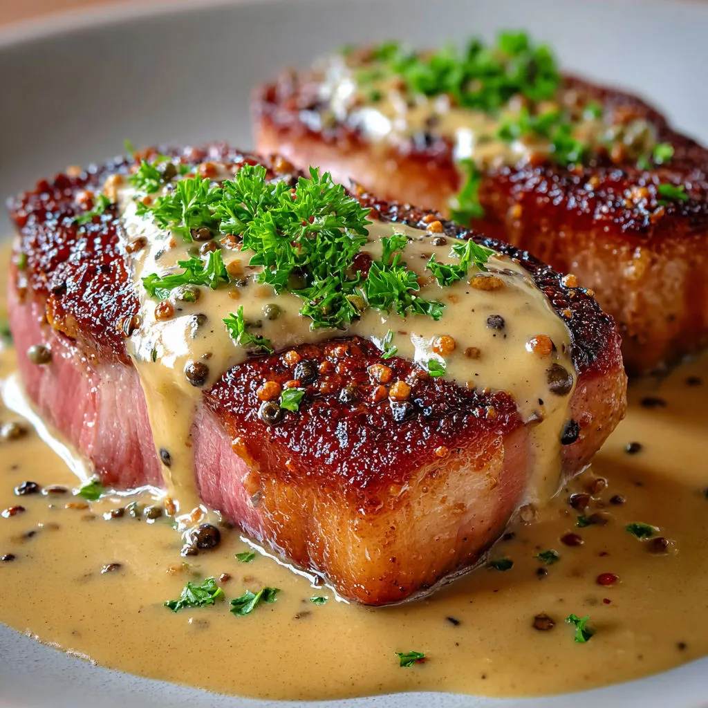Une pièce de viande rôtie nappée de sauce, accompagnée d’herbes fraîches et d’une purée de céleri.