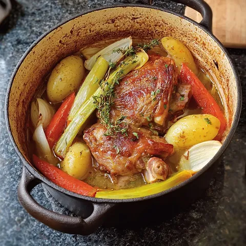 Une belle cocotte en fonte avec du porc tendre et des légumes savoureux.