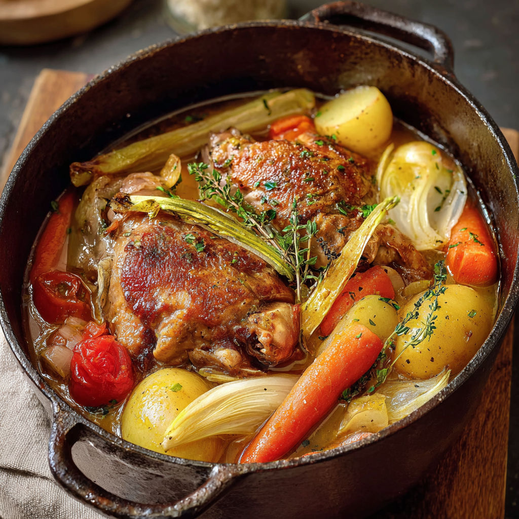 Cocotte en fonte pleine de légumes et de porc mijoté.