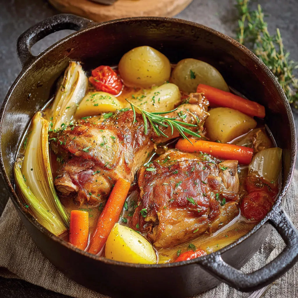 Cocotte en fonte pleine de légumes et gros morceaux de porc mijotés.