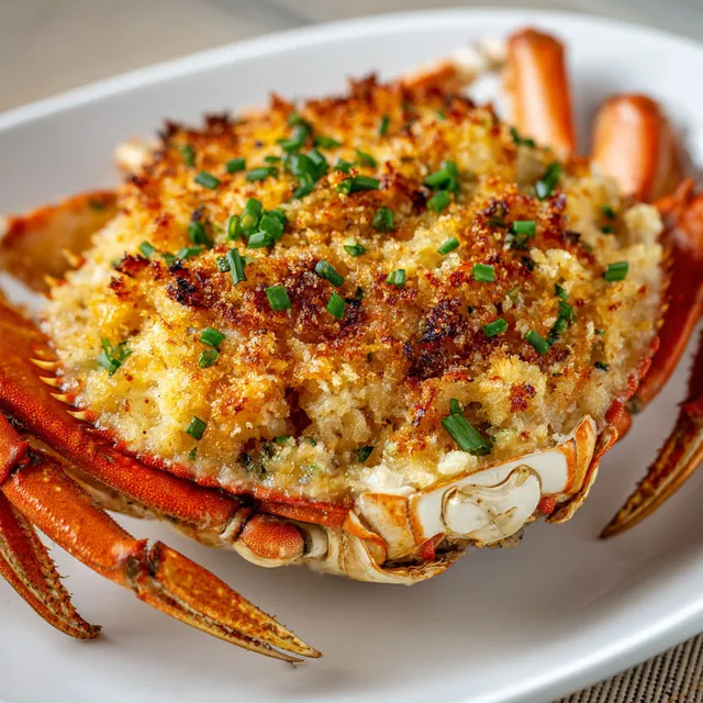 Un plat de farci de crabe servi dans des coquilles avec des épices exotiques.