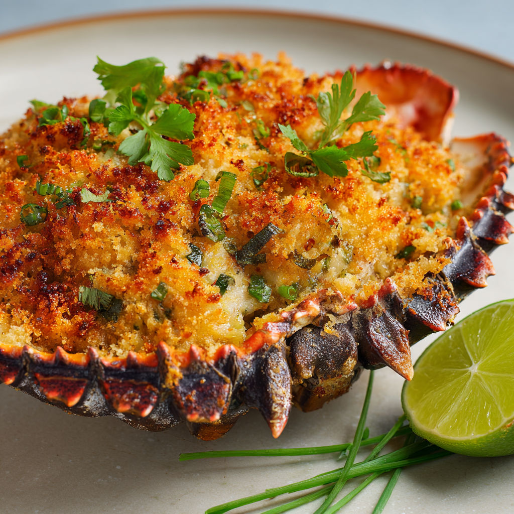 Un crabe farci doré servi sur un plateau avec salade verte.