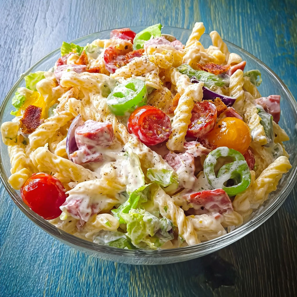 Un bol rempli de salade de pâtes avec tomates, concombre, salade verte et autres légumes colorés sur une table.