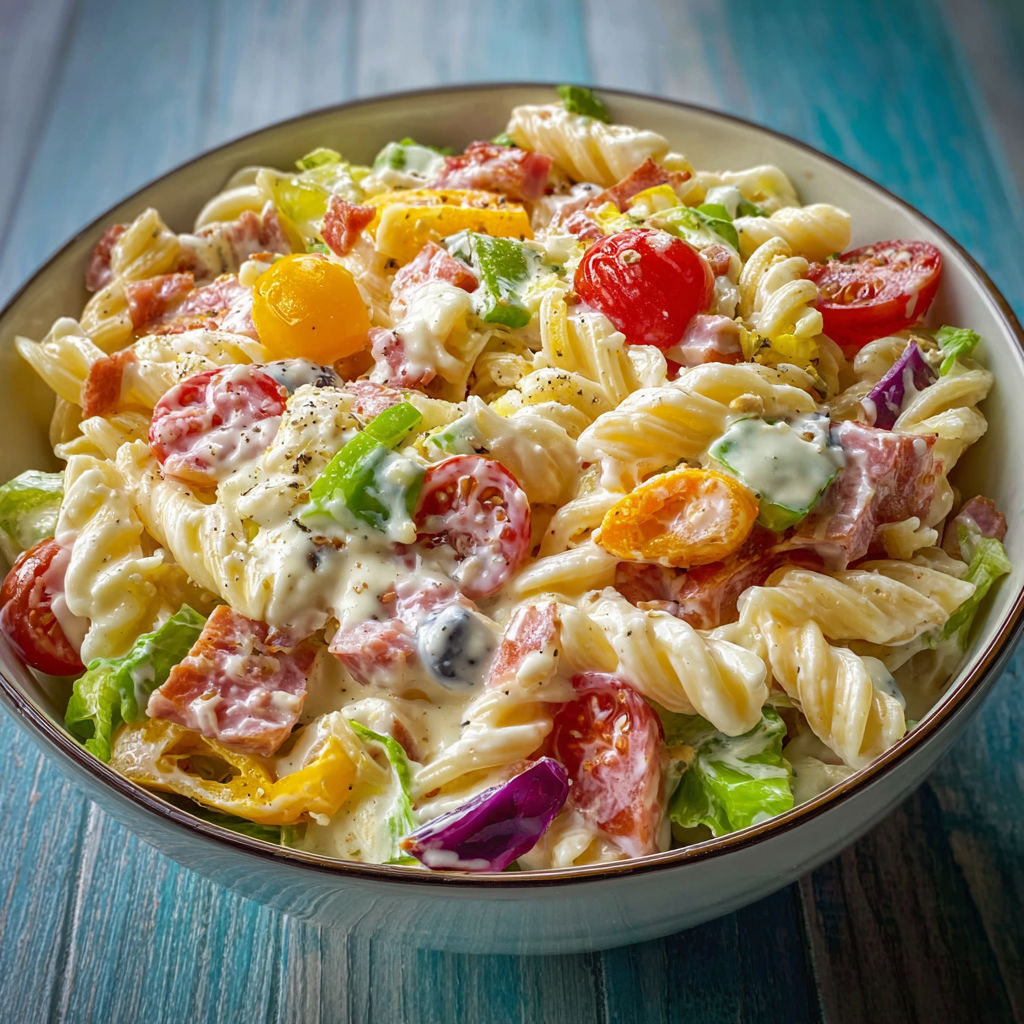 Une salade de pâtes et tomates agrémentée de verts croquants.