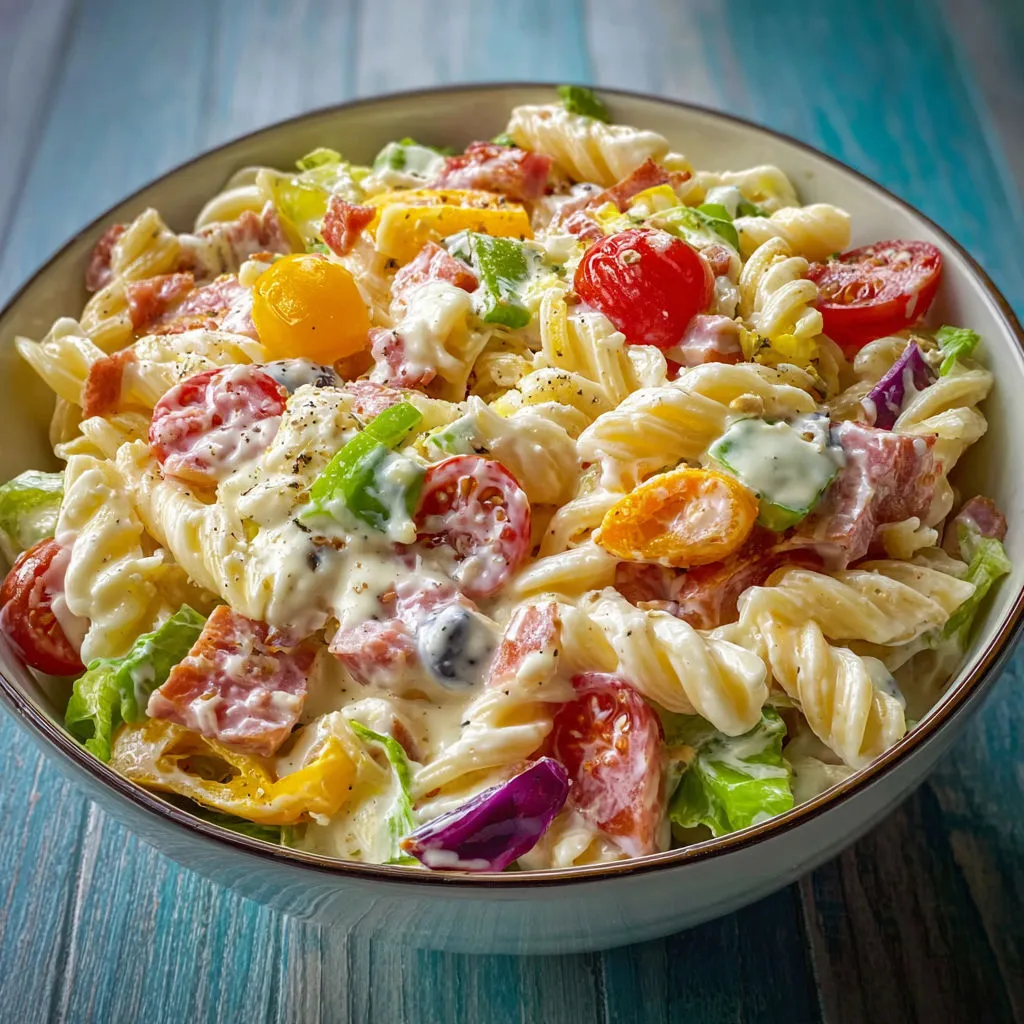 Une salade de pâtes et tomates agrémentée de verts croquants.