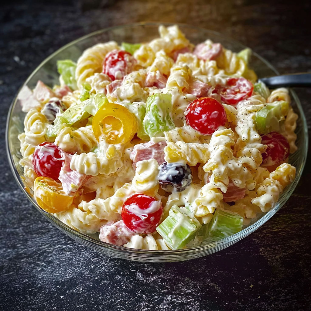 Une salade de pâtes avec tomates et fruits rouges, pleine de couleurs.