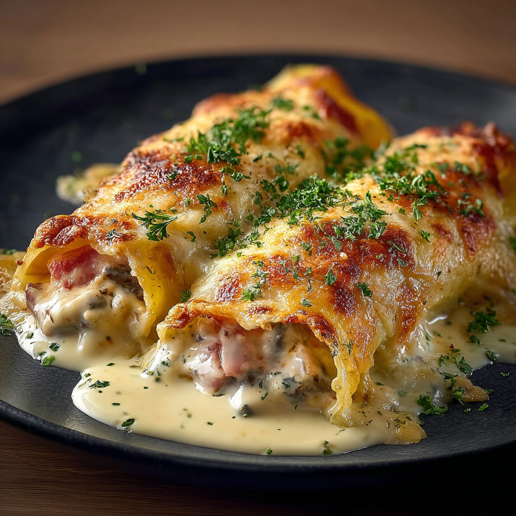 Plat gourmand de cannellonis au jambon et champignons