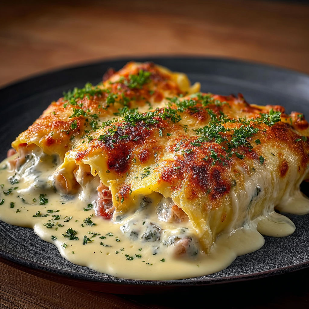 Une tourte aux herbes et au fromage blanc, sur pâte brisée et sauce, présentée sur un plateau.