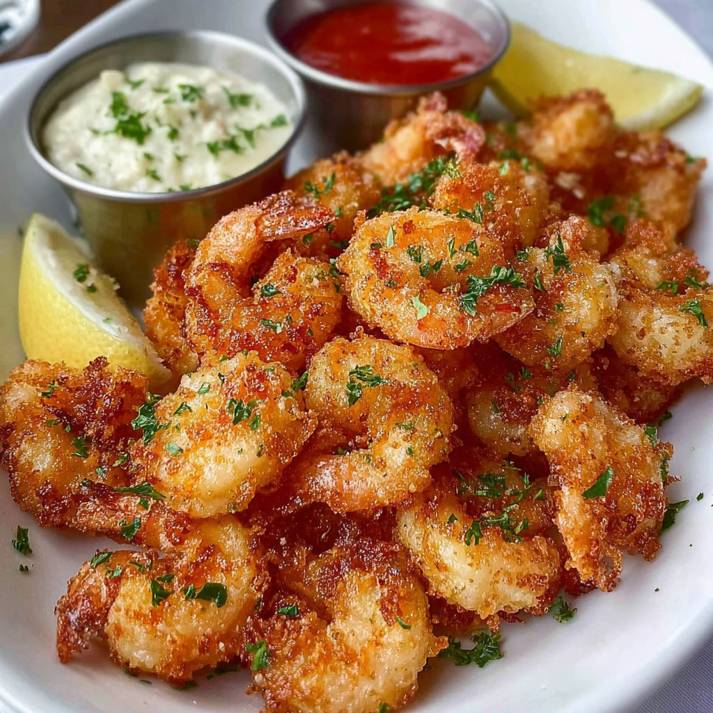 Une assiette gourmande de crevettes croustillantes avec sauce et citron.