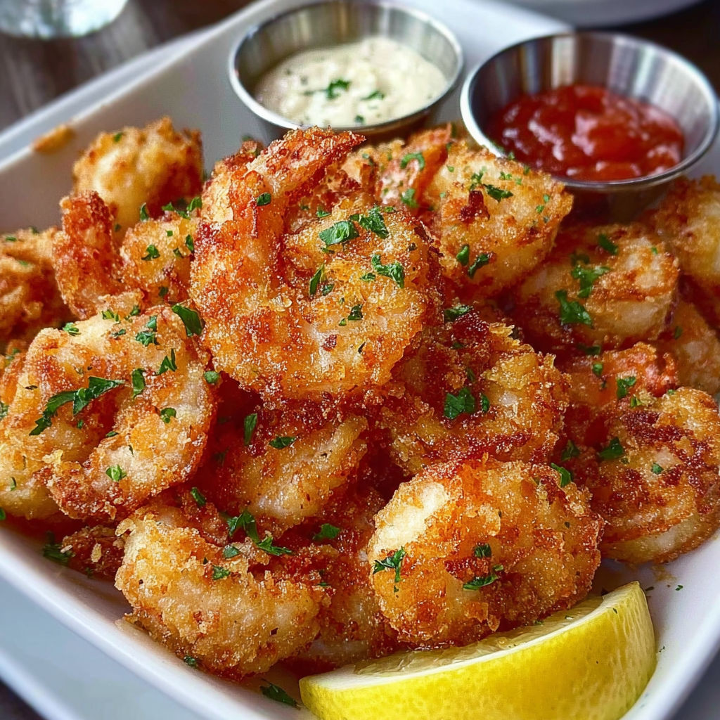 Belle assiette de crevettes dorées avec sauce et cuillère.