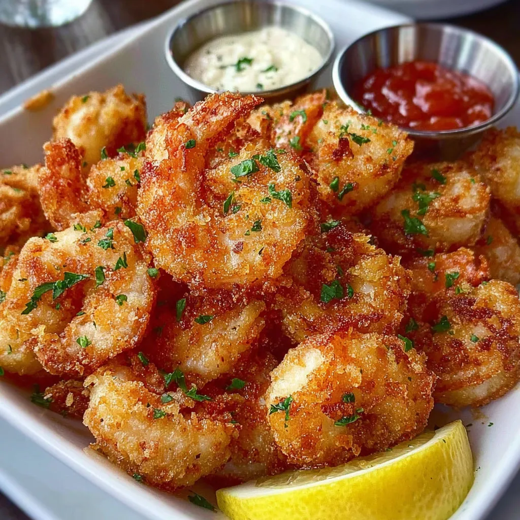 Belle assiette de crevettes dorées avec sauce et cuillère.