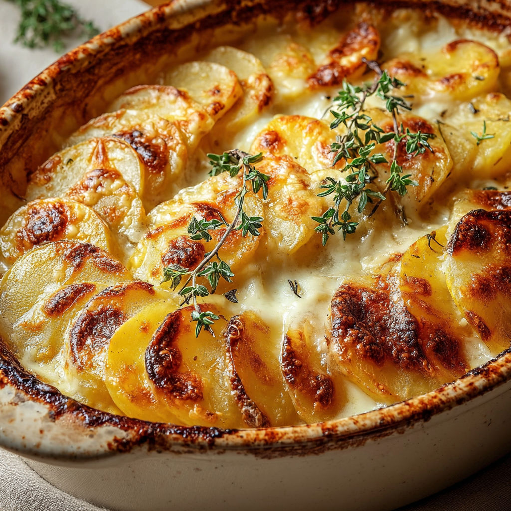 Un plat réconfortant de gratin doré, pommes de terre et fromage, posé en céramique.