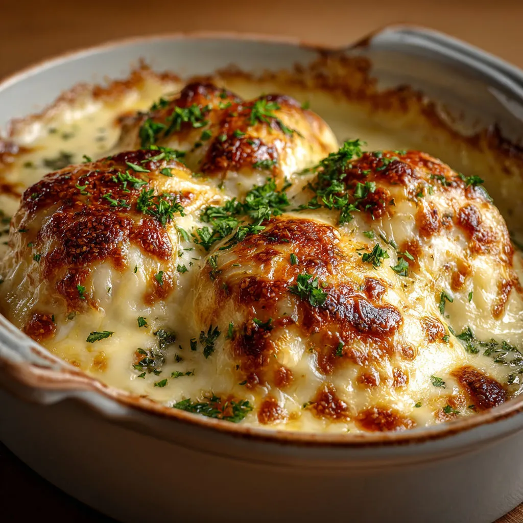 Un plat fumant de quenelles de volaille avec comté gratiné servi à table.