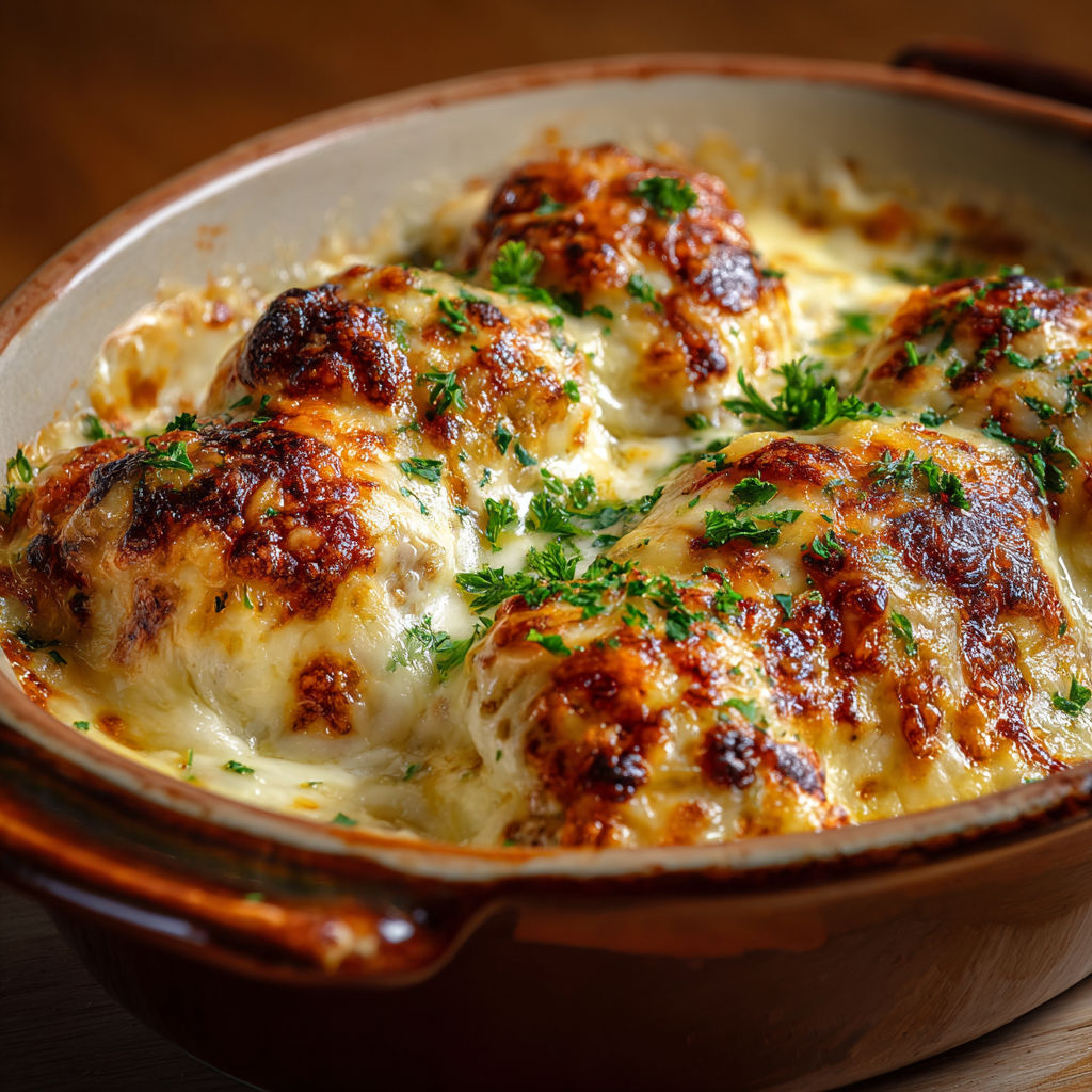 Un plat de quenelles de volaille gratinées au comté prêt à être dégusté dans un bol rustique.