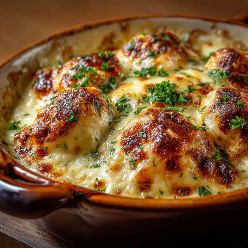 Un plat de quenelles de volaille gratinées au comté prêt à être dégusté dans un bol rustique.