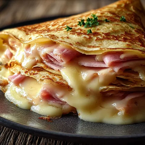 Une crêpe chaude au fromage fondu et jambon servie sur une assiette.