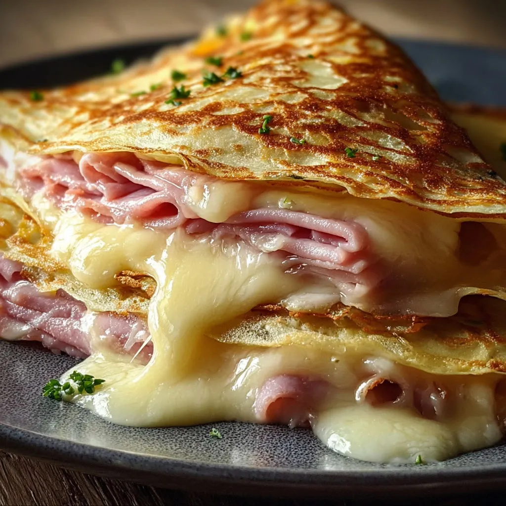 Sandwich chaud jambon fromage, recouvert d’herbes fraîches.