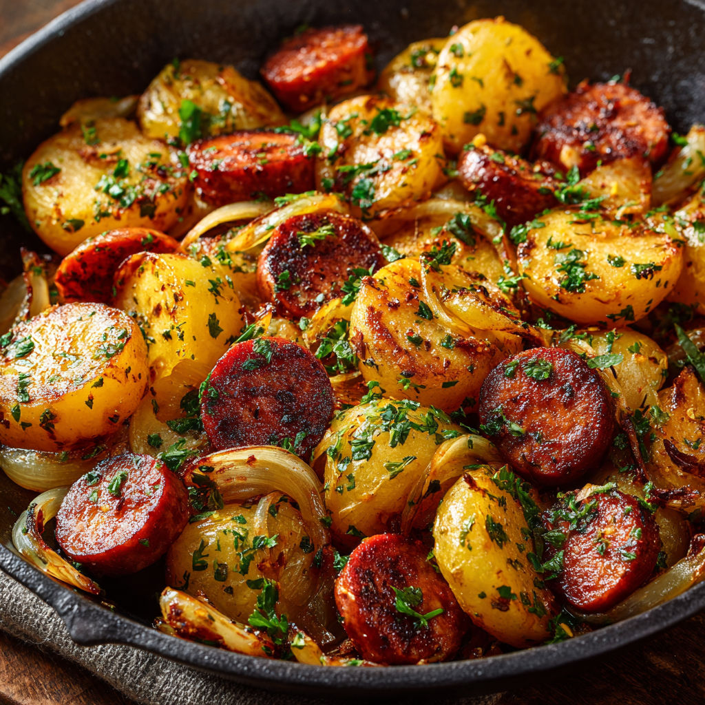 Un plat appétissant avec des pommes de terre dorées, des saucisses fumées, des légumes et des herbes fraîches servi dans un bol.