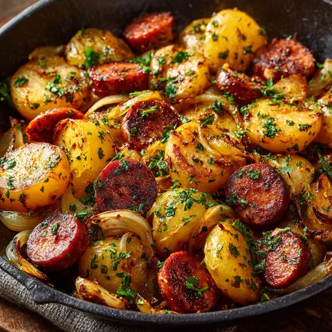 Un plat appétissant avec des pommes de terre dorées, des saucisses fumées, des légumes et des herbes fraîches servi dans un bol.