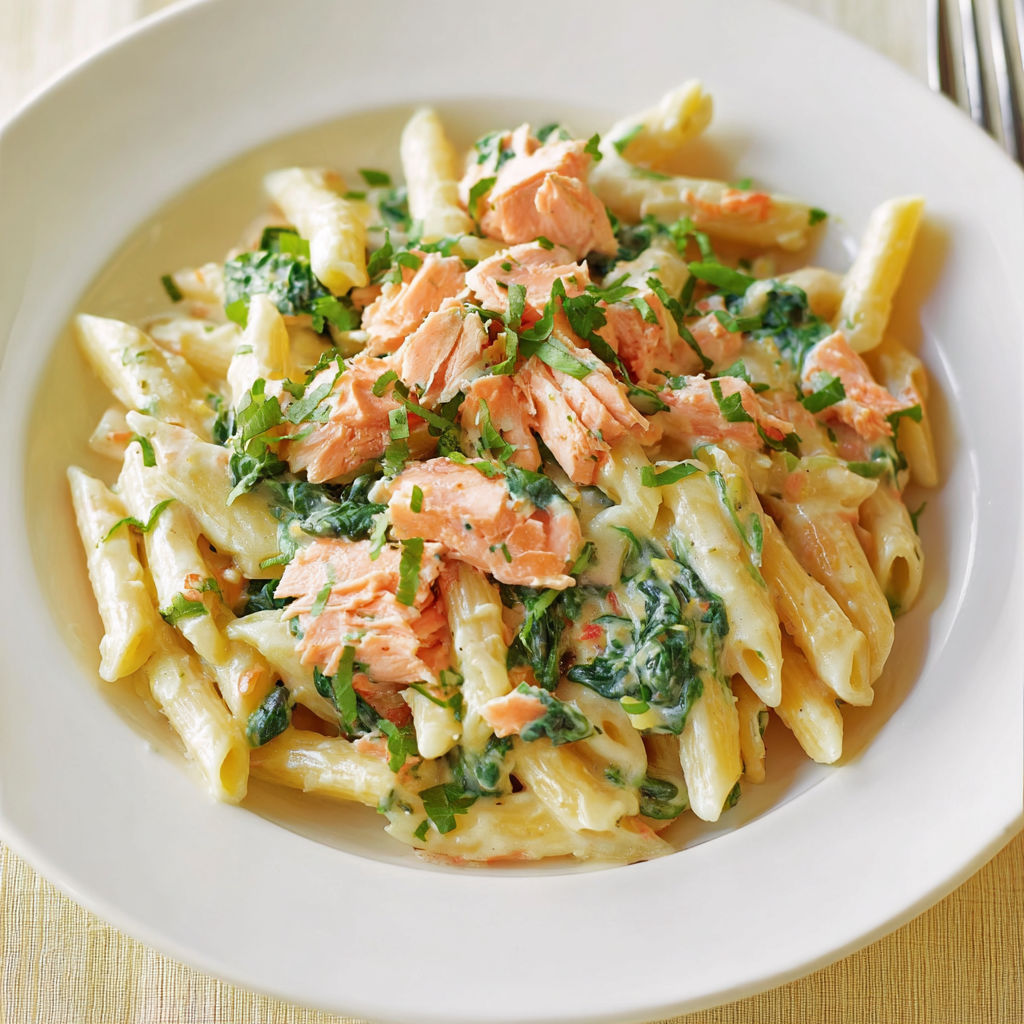 Une assiette de pâtes creuses nappées de sauce onctueuse, saumon moelleux et légumes frais.