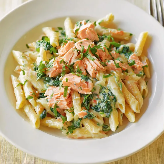 Une assiette de pâtes creuses nappées de sauce onctueuse, saumon moelleux et légumes frais.
