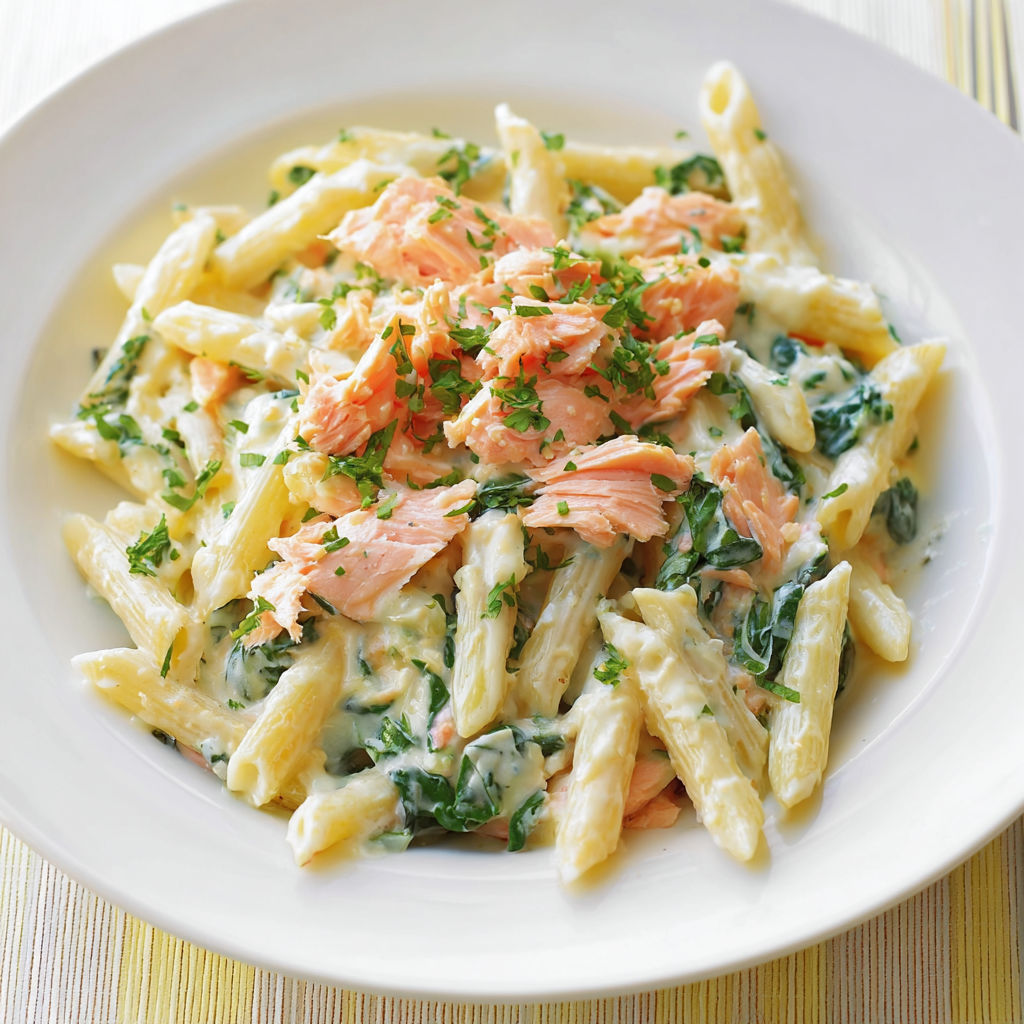 Assiette de penne, légumes verts et dés de saumon.