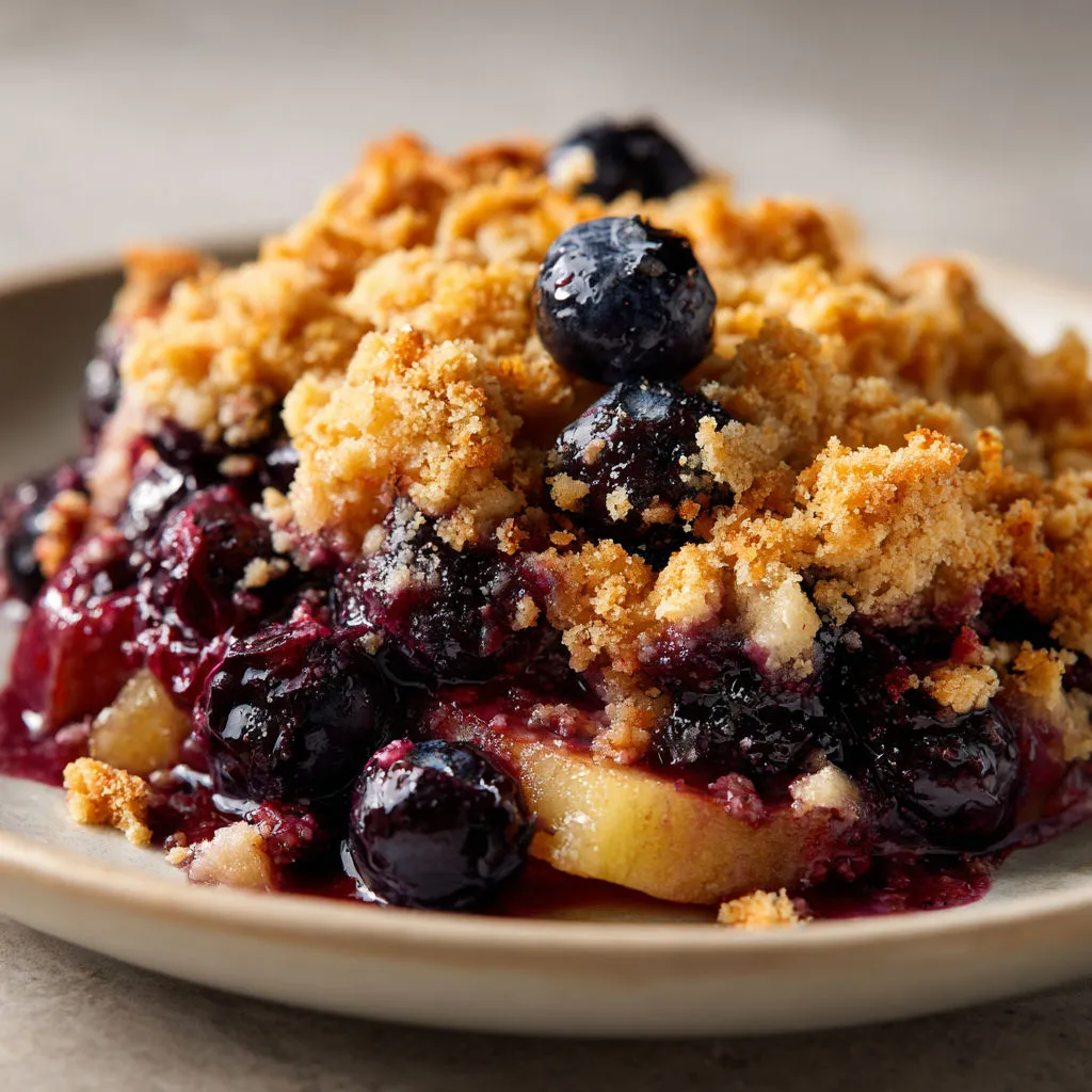 Un dessert aux fruits rouges et noirs, avec myrtilles et pommes, sous une couche croustillante, servi sur un plateau.