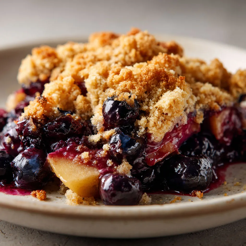 Un dessert de pommes et myrtilles, le tout recouvert de crumble doré, dans un plat de service blanc.