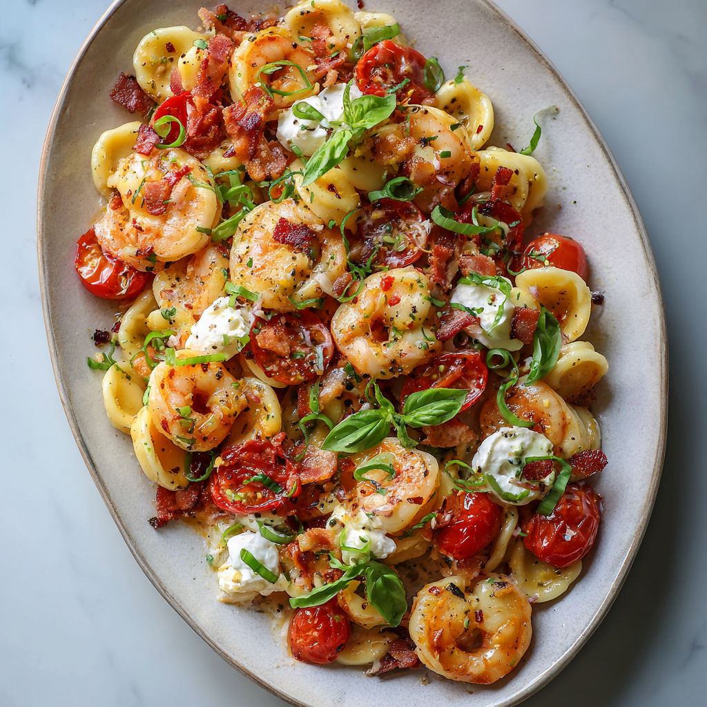 Un plat de pâtes aux tomates, crevettes et pancetta.