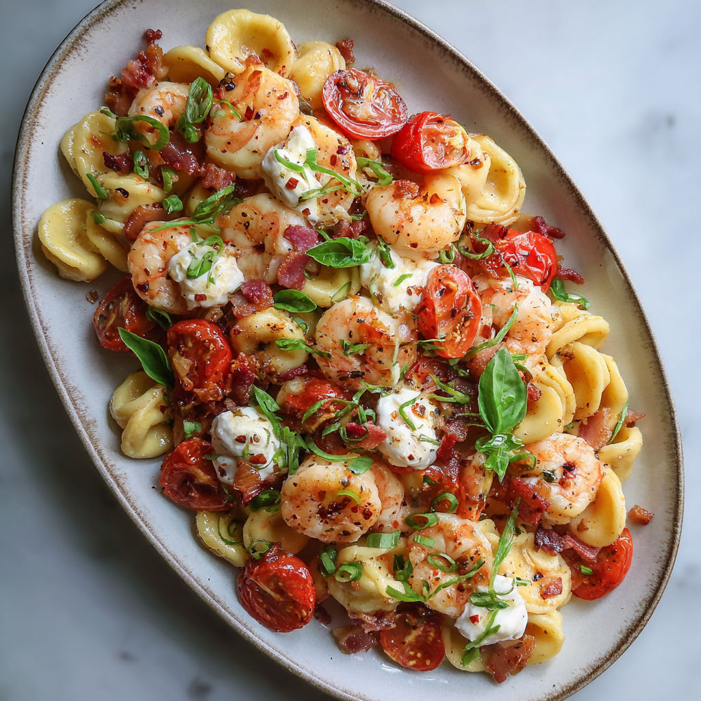 Assiette de pâtes crevettes tomates et herbes, servie bien colorée sur de la céramique.