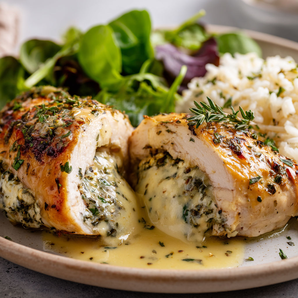 Plat de poulet avec fromage brie et herbes fraîches.