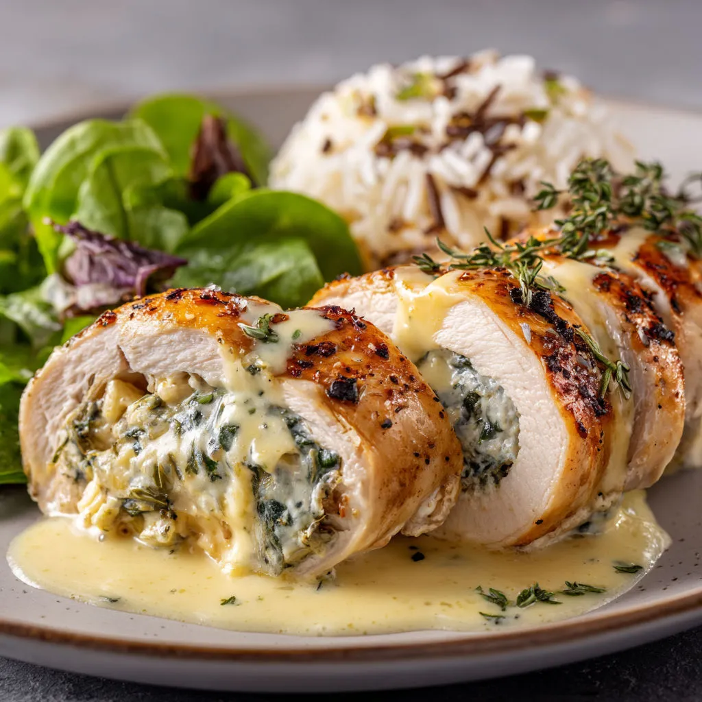 Salade verte à côté de tranches de poulet grillé, nappées de sauce blanche crémeuse et herbes fraîches.