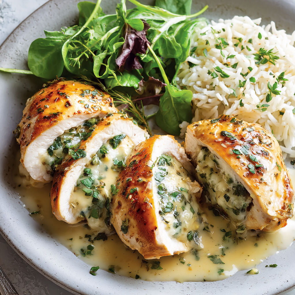 Poitrine de poulet aux herbes, servi avec riz coloré sur une grande assiette.