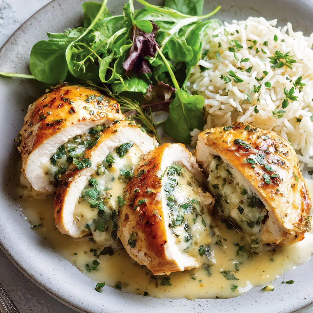 Poitrine de poulet aux herbes, servi avec riz coloré sur une grande assiette.