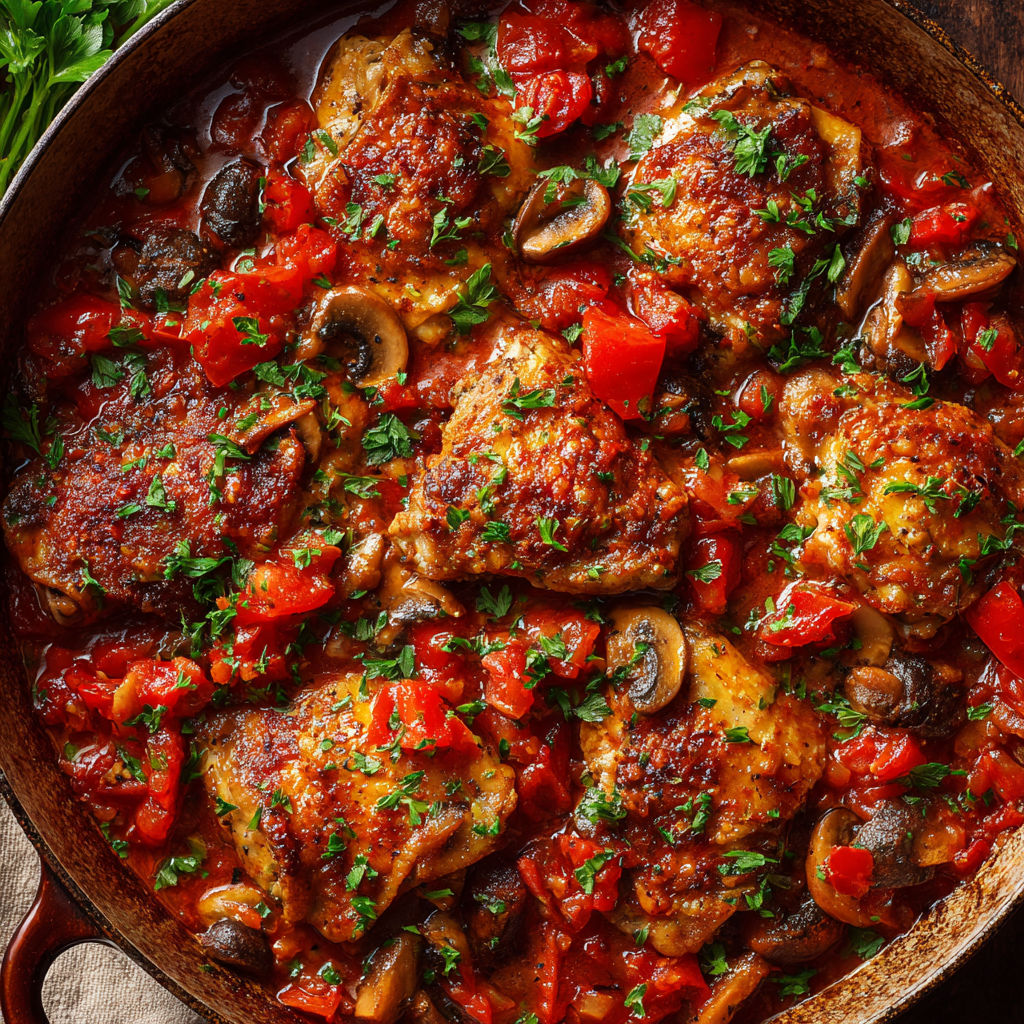 Un plat de poulet cacciatore avec des légumes et herbes fraîches.