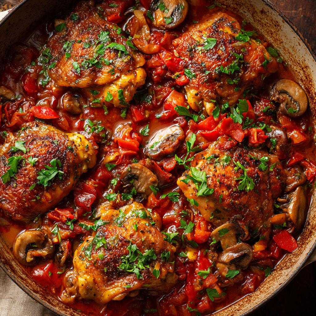 Poulet tendre en sauce tomate et champignons, servi dans un bol en métal.