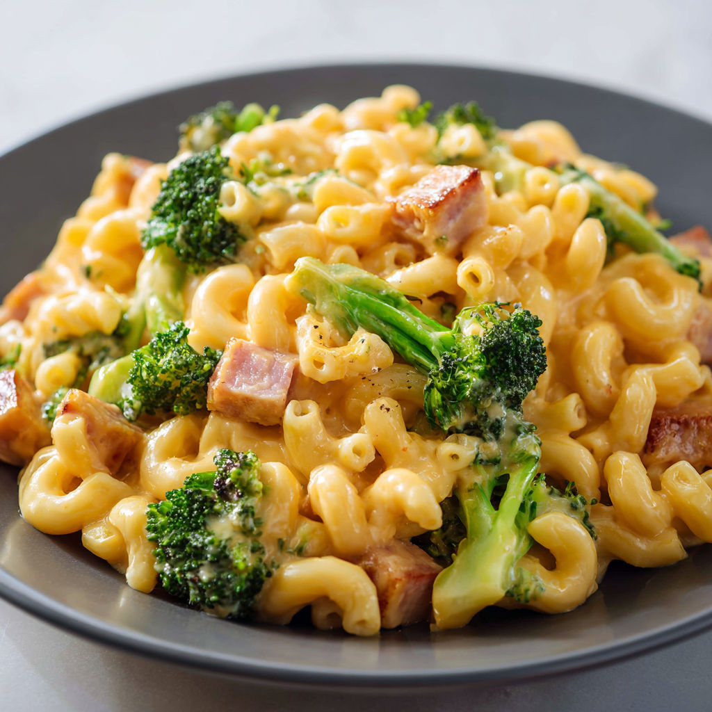 Un délicieux plat de macaronis crémeux au fromage et brocoli sur une assiette noire.