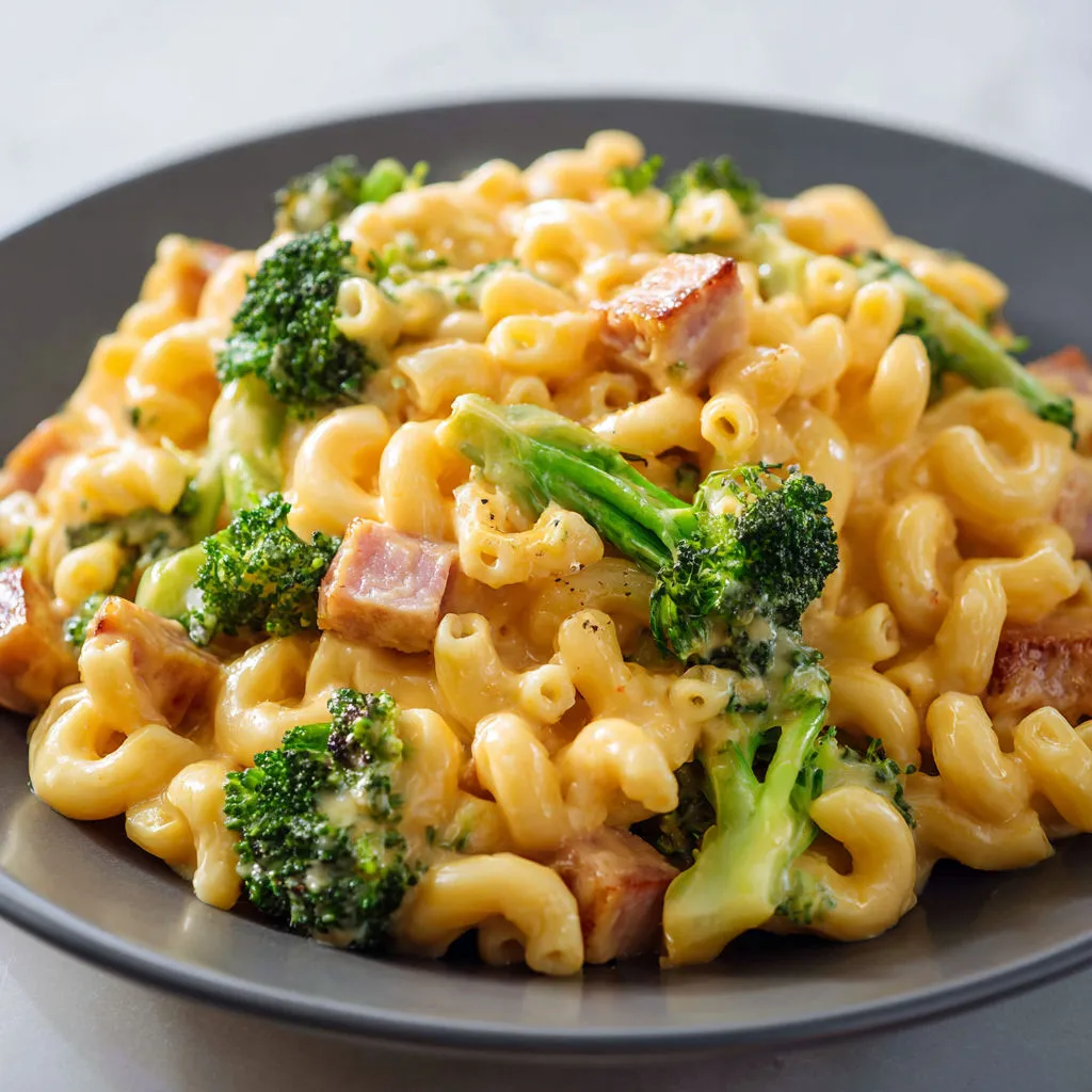 Un délicieux plat de macaronis crémeux au fromage et brocoli sur une assiette noire.