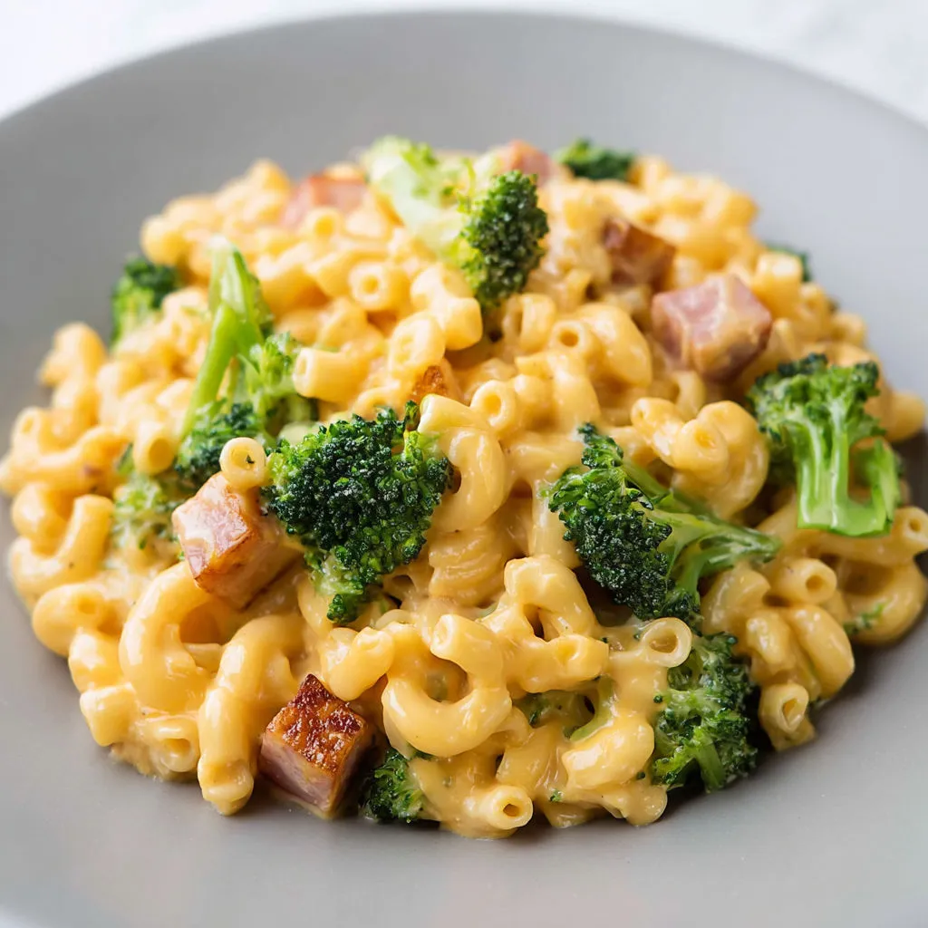 Un plat crémeux de macaronis au fromage, brocoli et jambon.