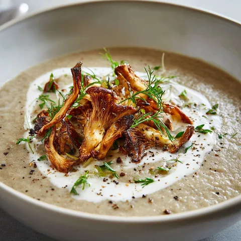 Une délicieuse soupe aux champignons déposée dans un bol rustique.