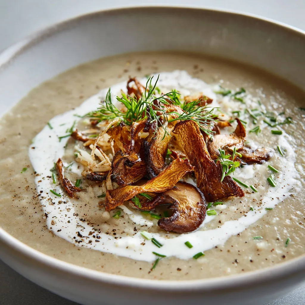 Un bol de crème de légumes et champignons, garni de quelques herbes fraîches et de croutons, posé sur une table en bois.