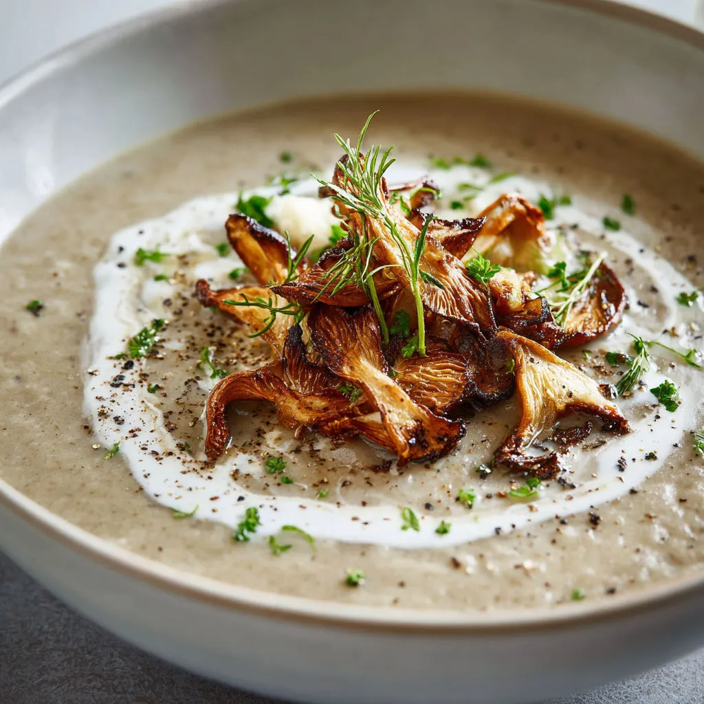 Une soupe crémeuse bien chaude, pleine de champignons frais et herbes posée sur une table.
