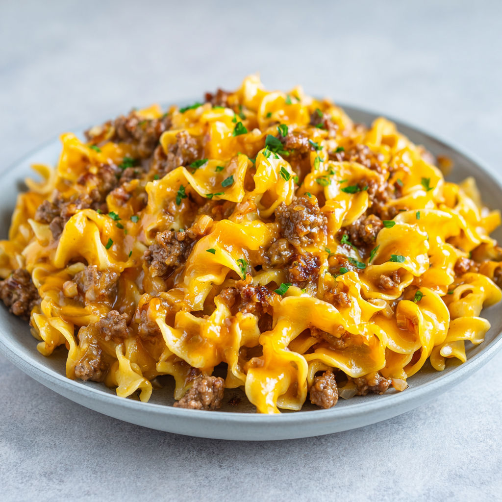 Plat de macaroni nappé de cheddar fondu, présenté sur plateau.