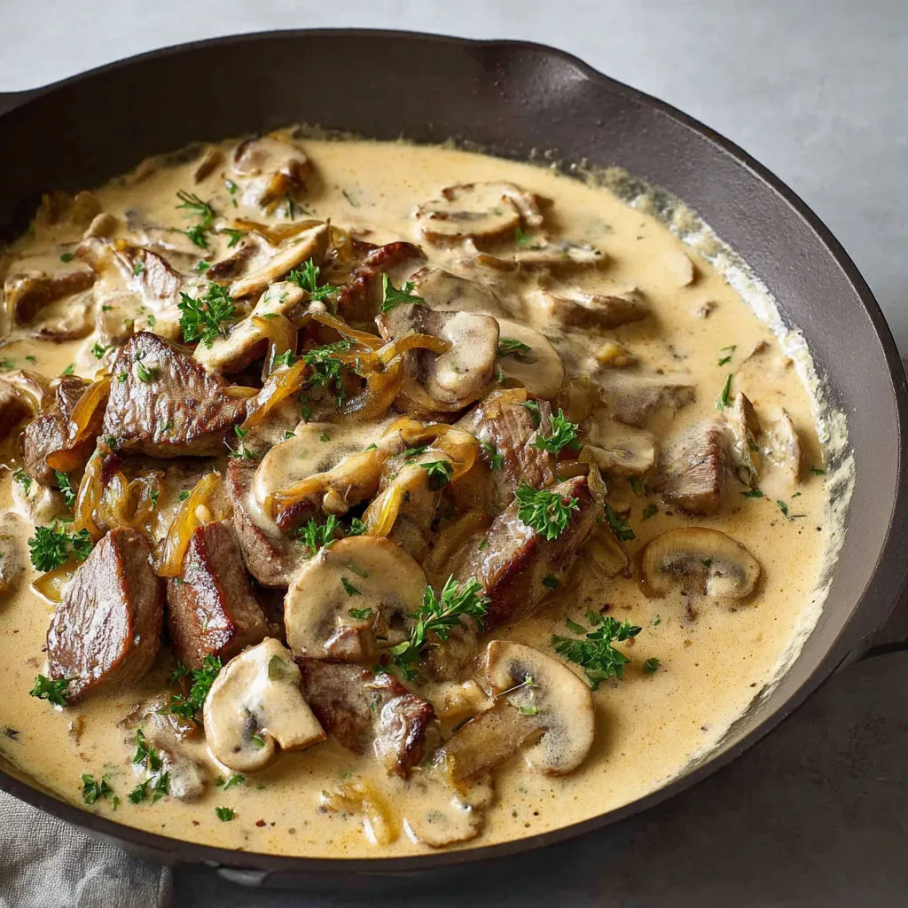 Un Stroganoff de bœuf façon Alain Ducasse avec champignons dorés et légumes frais.