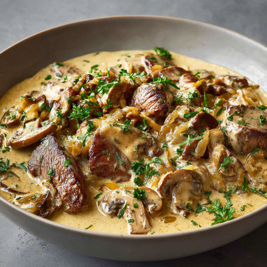 Un Bœuf Stroganoff version Ducasse avec champignons et herbes dans un bol.