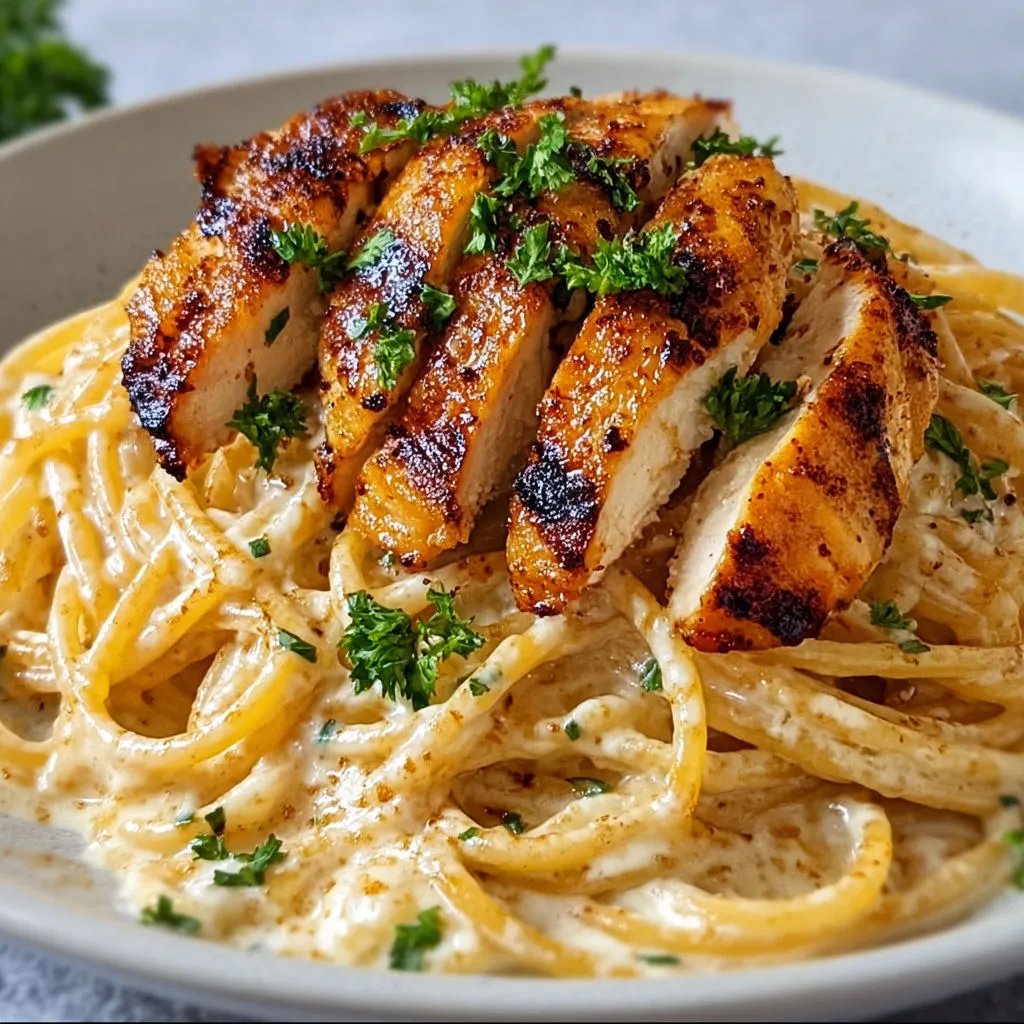 Pâtes crémeuses et tendres avec morceaux de poulet grillé frais, servies avec des légumes verts.