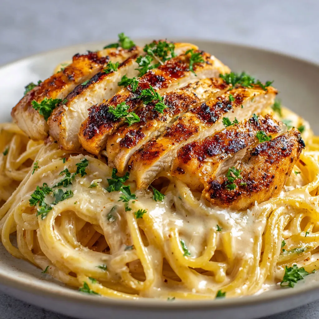 Une assiette de spaghetti crémeux avec du poulet grillé, des herbes fraîches et des légumes. Servie sur un plateau.