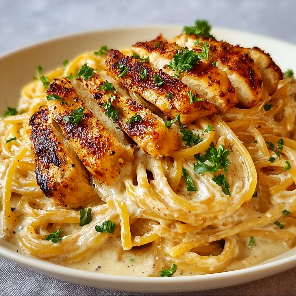 Une belle assiette de spaghetti à la crème avec du poulet grillé, des herbes et des légumes sur la table.