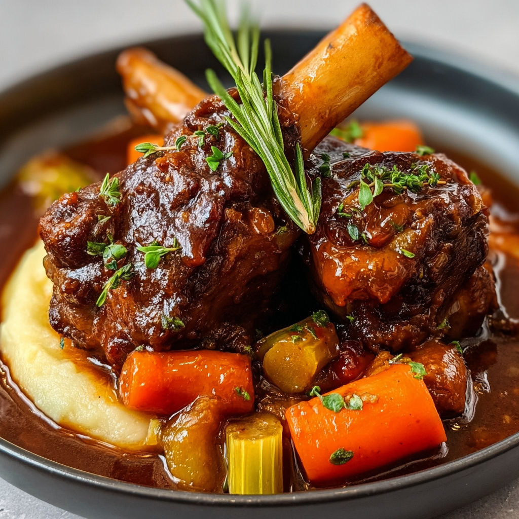 Jarrets d’agneau tendres mijotés avec sauce aux herbes, servis dans un bol noir.
